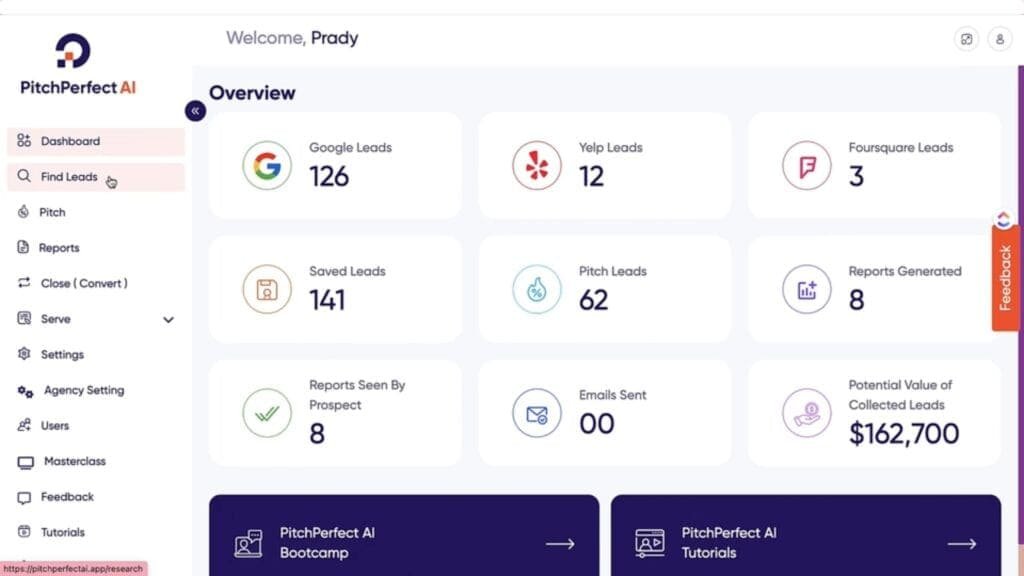 PitchPerfect AI Review - Effortlessly Find, Pitch, Close And Serve PitchPerfect AI dashboard